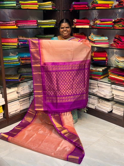 Pure Korvai Silk Cotton Saree - Light Peach with Purple - Temple border - VVKSC001