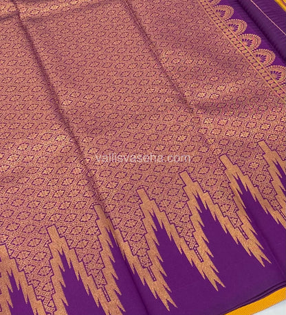 Kanchi Semi Silk - Dark Yellow With Purple - Temple Border  - VVKSS001