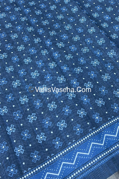 Linen Mixed Cotton Saree - Indigo Blue - Printed - VVLMP001