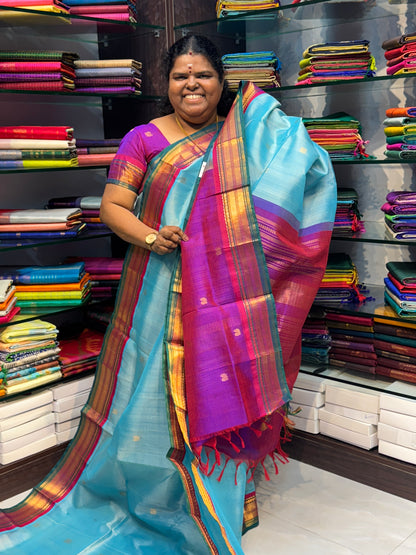 Pure Korvai Silk Cotton Saree - Ice Blue with Purple & Green - VVKSC004