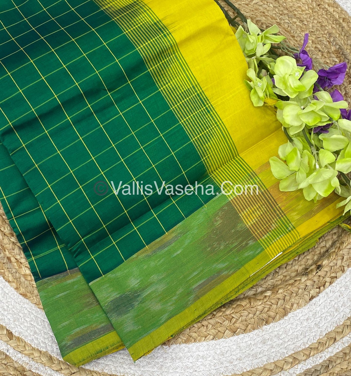 Semi Silk Cotton Saree - Green &  Yellow - VVSSC001