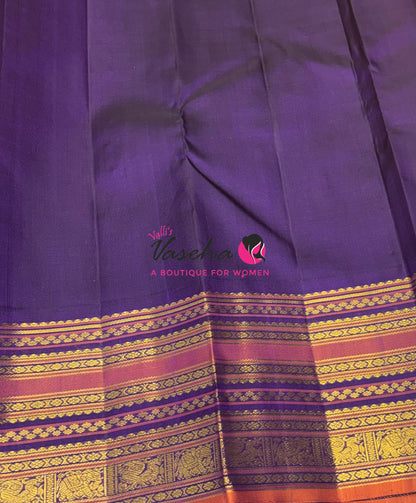 Pure Vintage Korvai Kanchipuram Silk Saree - Yellow With Violetish Purple - VVPS046
