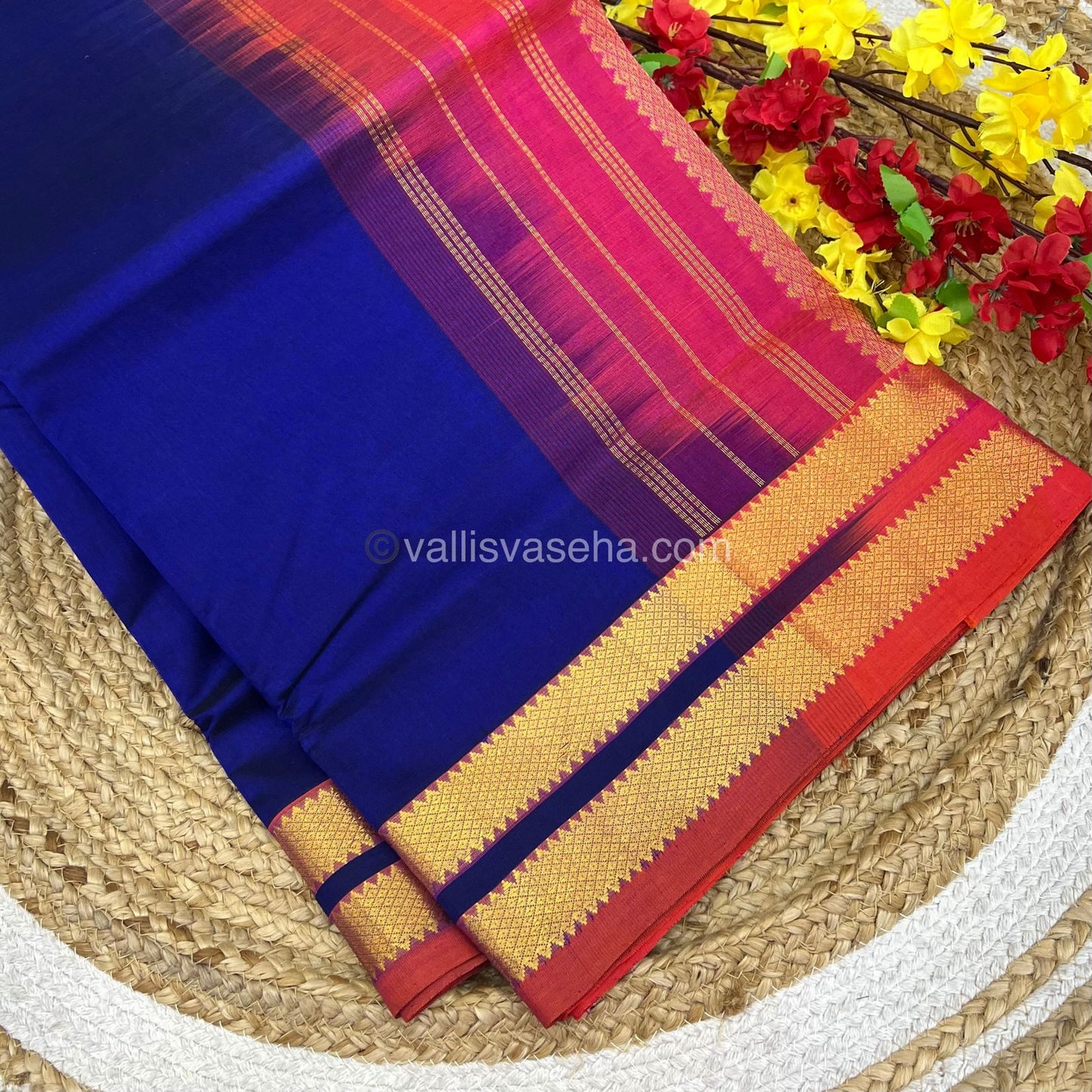 Pure Silk Cotton Sarees - Royal Blue With Pink - VVPSC003