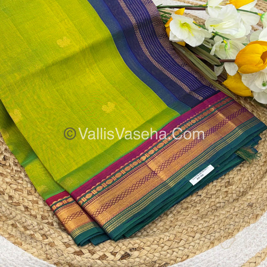 Pure Korvai Silk Cotton Saree - Sneha Green With Blue Combo - VVKSC004