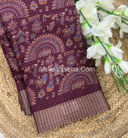 Light Weight Fancy Mixed Kota Cotton - Varli Design Printed Saree - Wine Shade - VVKPC001