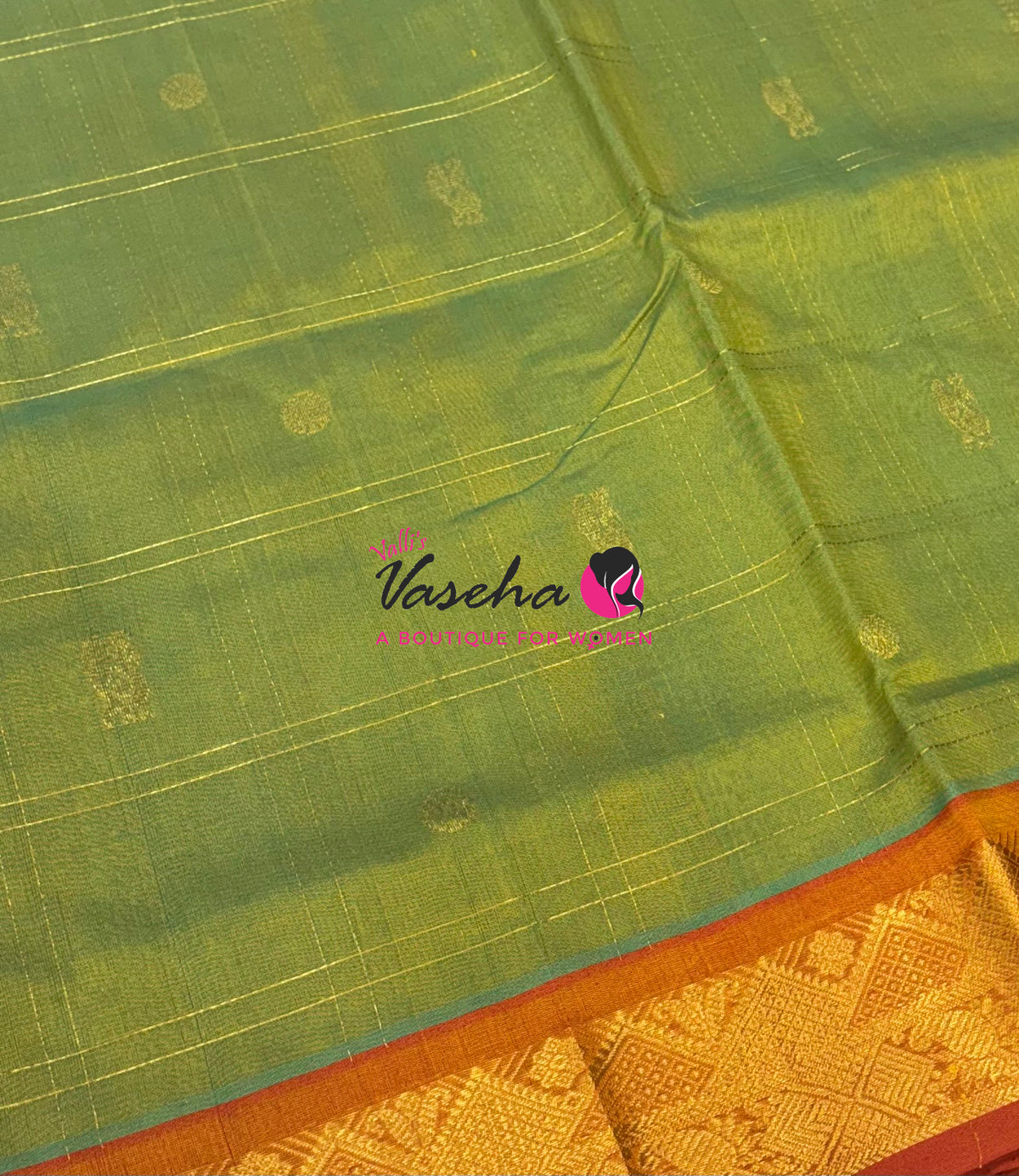Pure Korvai Silk Cotton - Checks Pattern - Dual Tone Green with Orange Shade  - VVKSC035