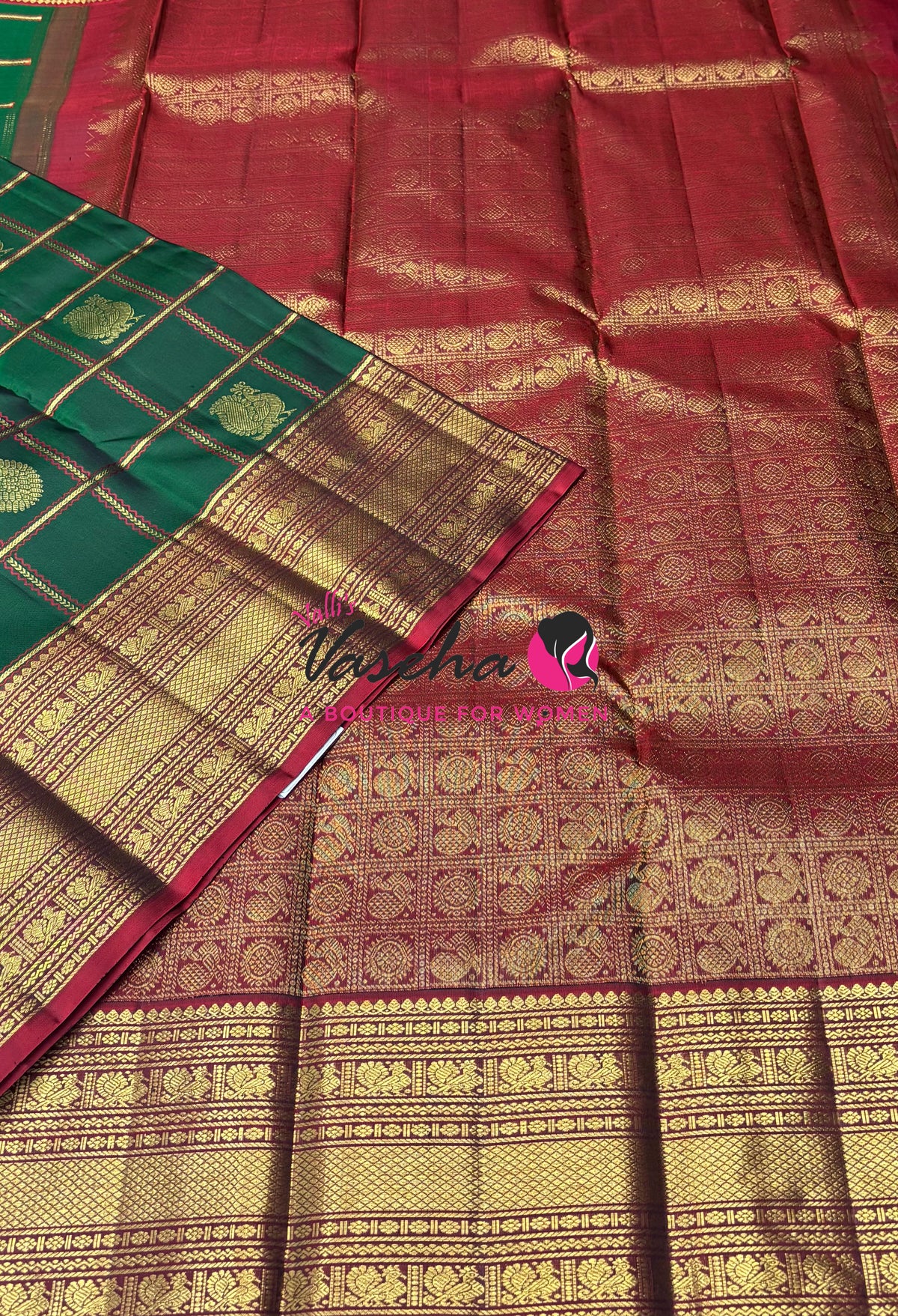 Pure Bridal Kanchipuram Silk Saree - Green & Maroon Combo - VVPS074