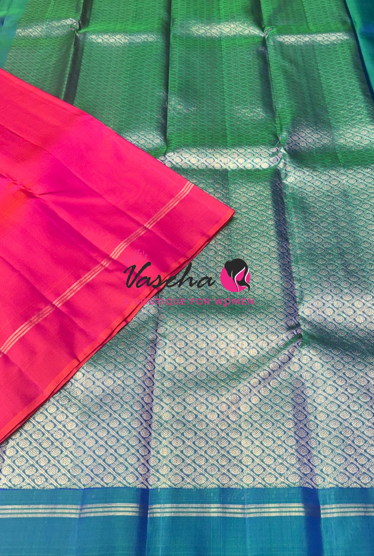 Pure Kanchipuram Silk Saree - Peach With Peacock Blue Combo - VVPS021