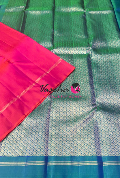 Pure Kanchipuram Silk Saree - Peach With Peacock Blue Combo - VVPS021