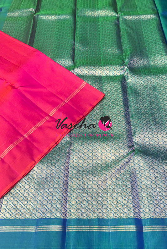 Pure Kanchipuram Silk Saree - Peach With Peacock Blue Combo - VVPS021
