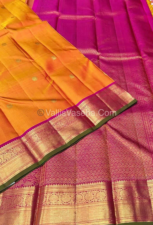 Pure Kanchipuram Silk Saree - Mango Orangish Yellow & Pink  Combo - VVPS011