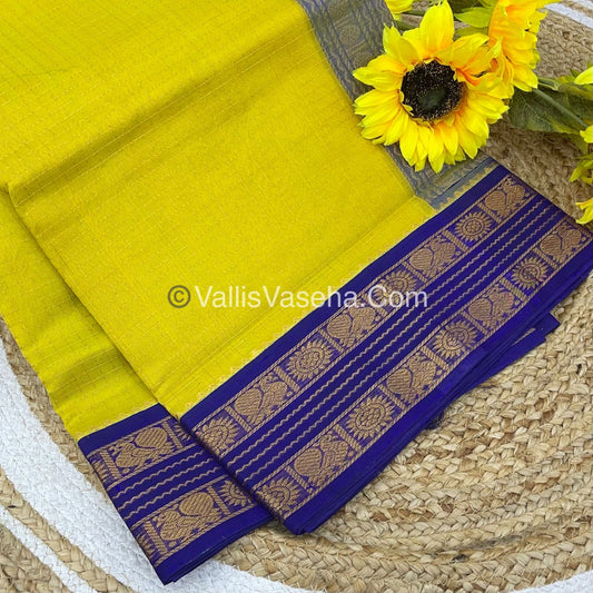 Pure Korvai Silk Cotton - Retta Petta Border - Lemon Yellow With Blue Combo - VVKSC010