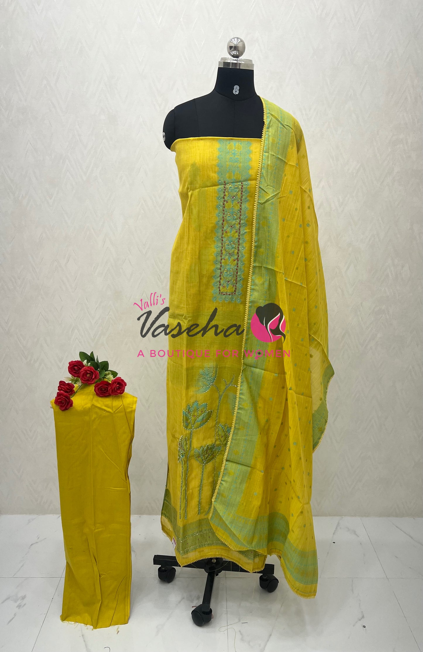 Unstitched Soft Cotton Material  | Yellow With Blue | VVUSM045