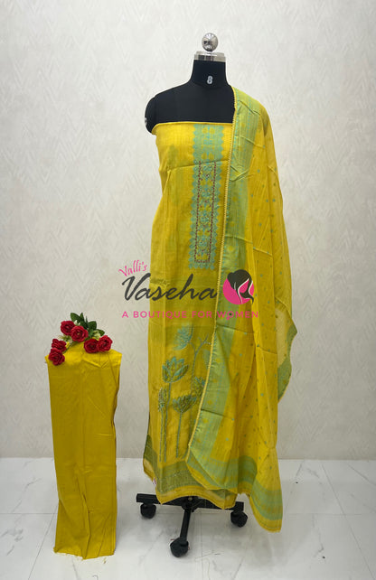 Unstitched Soft Cotton Material  | Yellow With Blue | VVUSM045