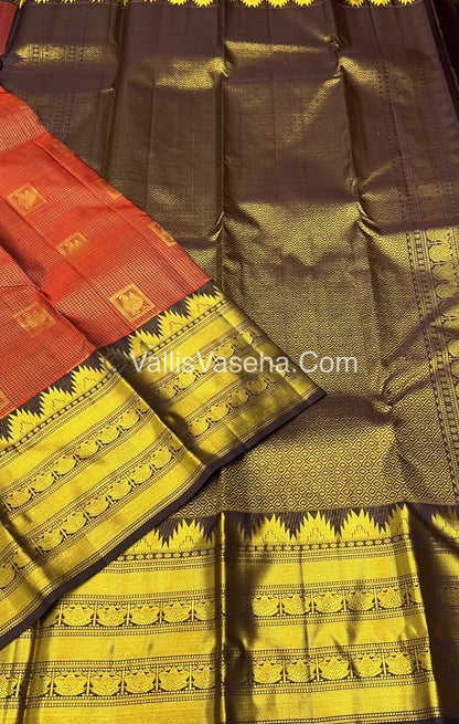 Pure Kanchipuram Silk Saree - Dark Rust Orange With Wine Brown Combo - VVPS012