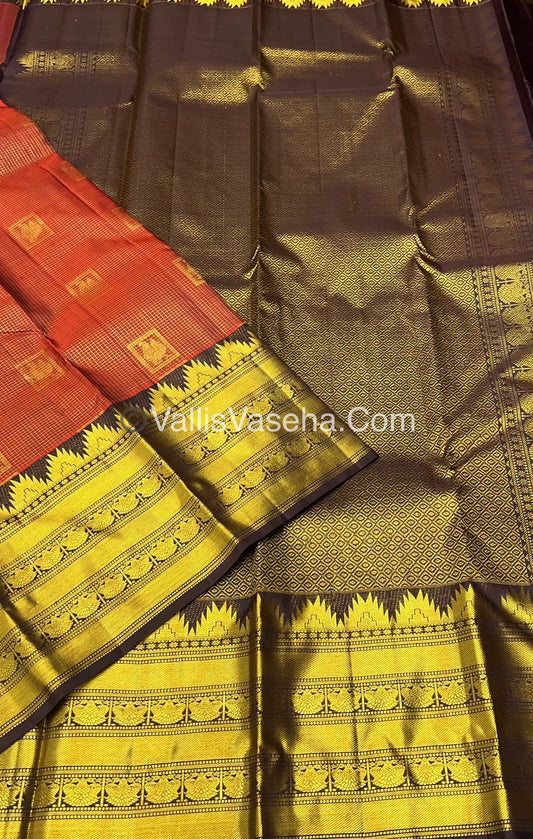 Pure Kanchipuram Silk Saree - Dark Rust Orange With Wine Brown Combo - VVPS012