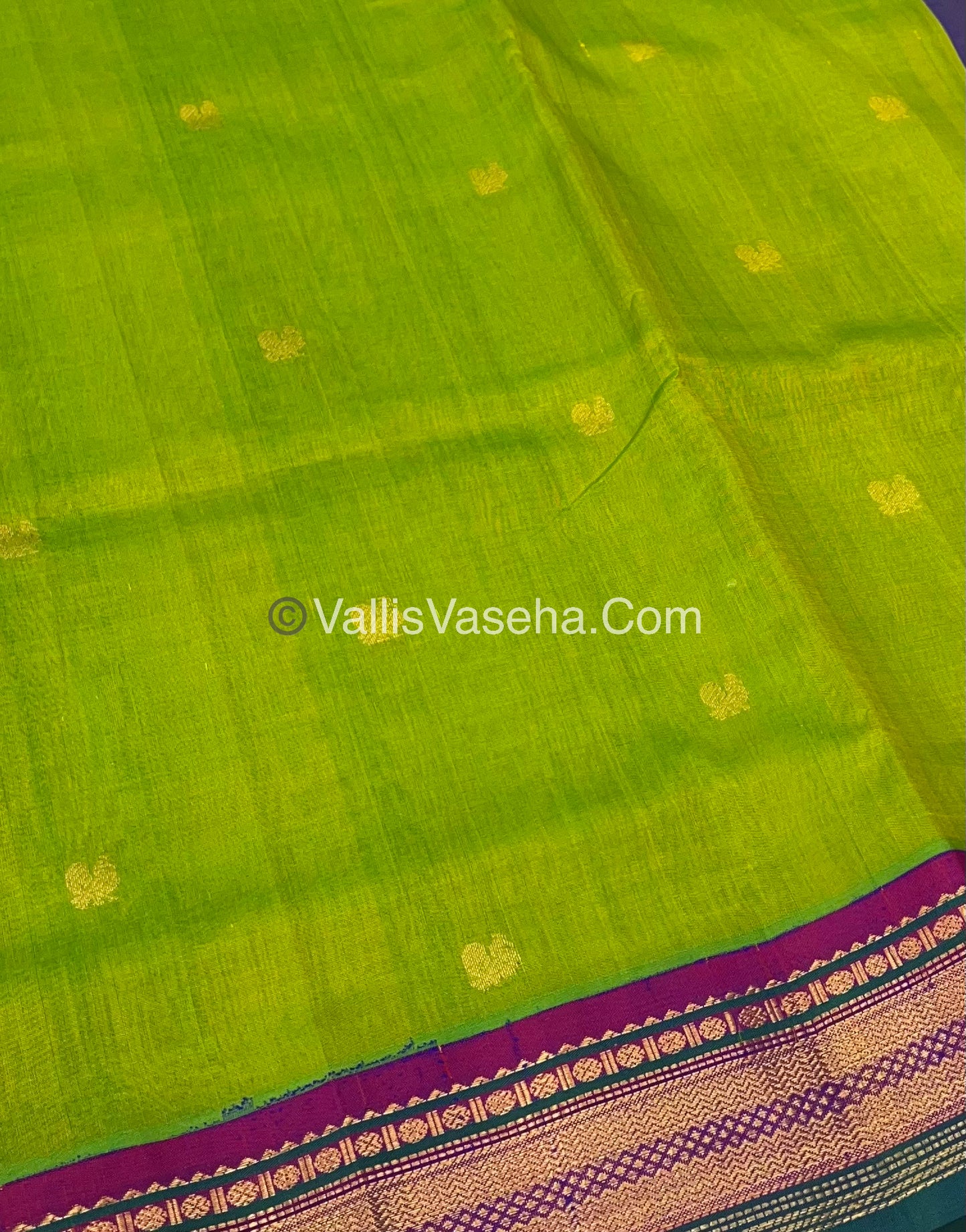 Pure Korvai Silk Cotton Saree - Sneha Green With  Purple Combo - VVKSC004