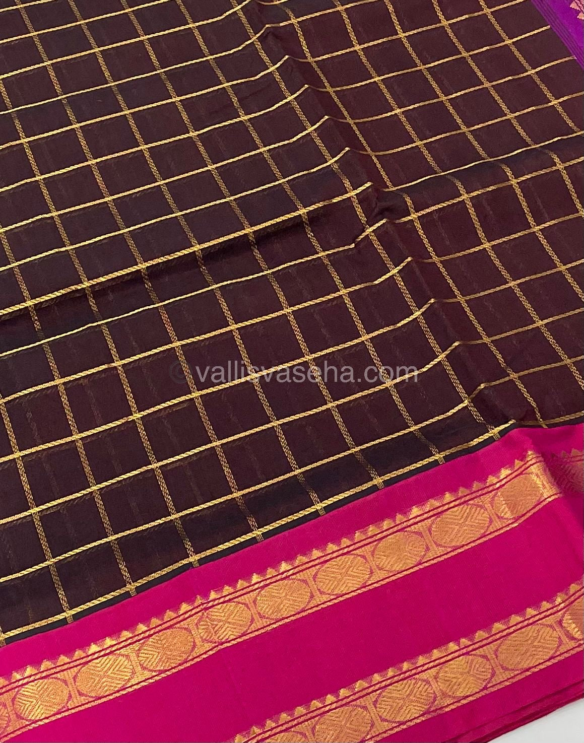 Pure Korvai Silk Cotton With Retta Petta Border - Checks pattern - Brown & Pink - VVKSC013