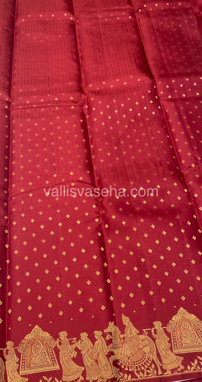 Pure Kanchipuram Silk Saree - Lakdhadeepam Butta with Self embossed Checks & Pallaku Design Self Border- Maroon shade  - VVPS006