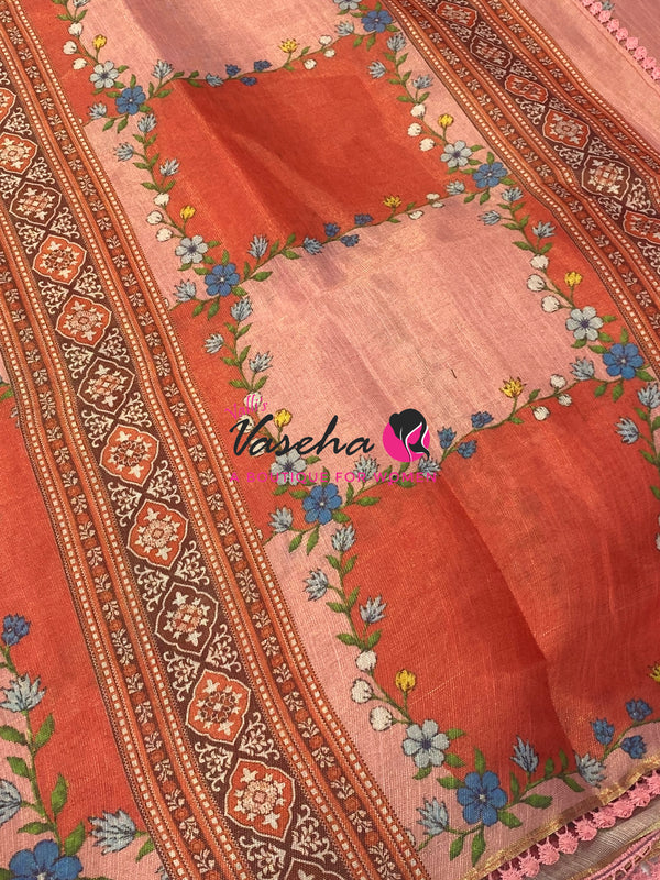 Linen Tissue Saree -  Light & Dark Combo - Orange Shade - VVLTS005