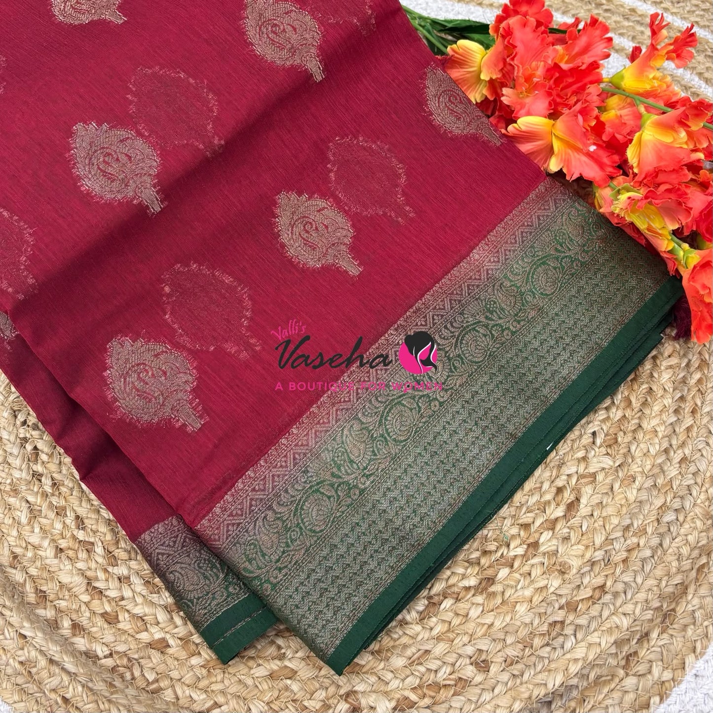 Bamboo Silk Saree - Red With Green  - VVBSS019