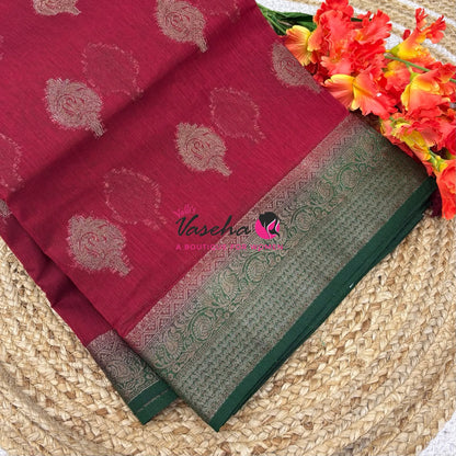 Bamboo Silk Saree - Red With Green  - VVBSS019