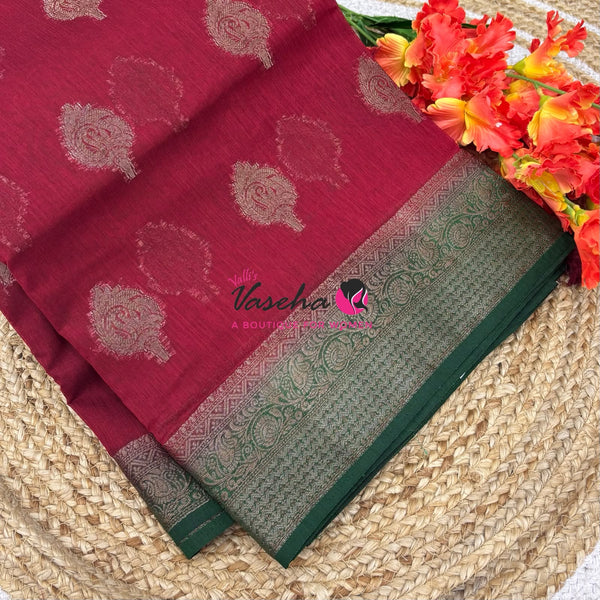 Bamboo Silk Saree - Red With Green  - VVBSS019