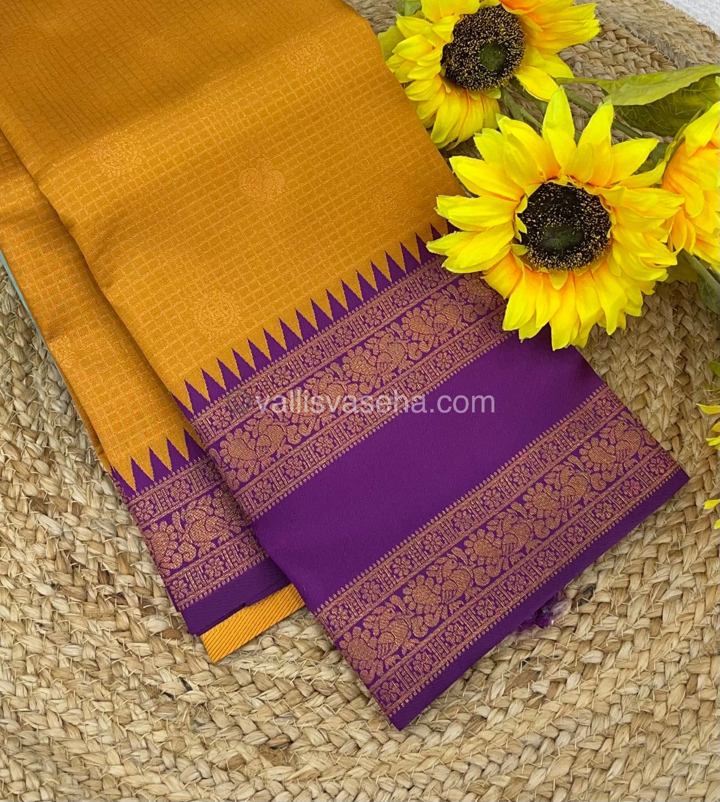 Kanchi Semi Silk - Dark Yellow with Purple- Mayil & Chakkaram design - VVKSS001