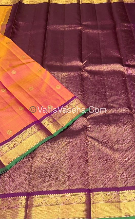 Pure Kanchipuram Silk Saree - Peachish Gold with Wine Combo - VVPS021