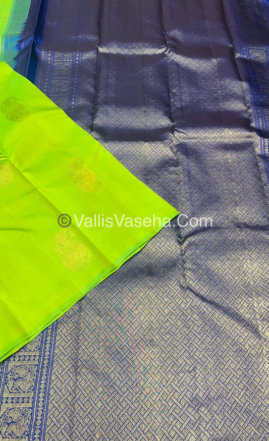 Pure Kanchipuram Silk Saree - Green with Blue - VVPS005