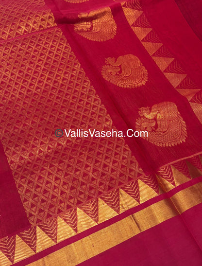 Pure Korvai Silk Cotton Saree - Green  with Red - VVKSC030