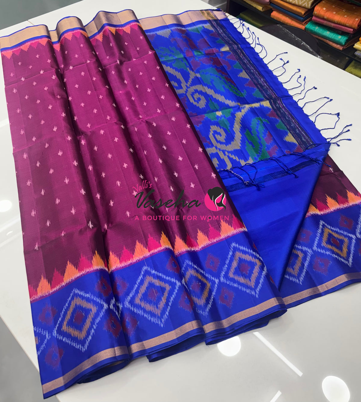 Pure Soft Silk Saree  - Pochampally Design - Purple & Blue Combo - VVPSS110
