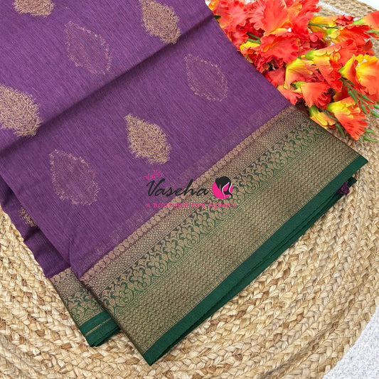 Bamboo Silk Saree - Purple With Green - VVBSS018