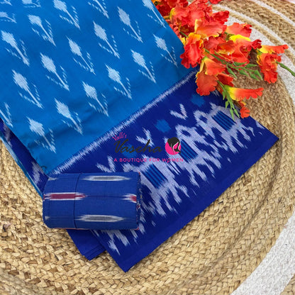 Double Ikkat Pure Cotton Saree -  Blue With Red  - VVIKS002