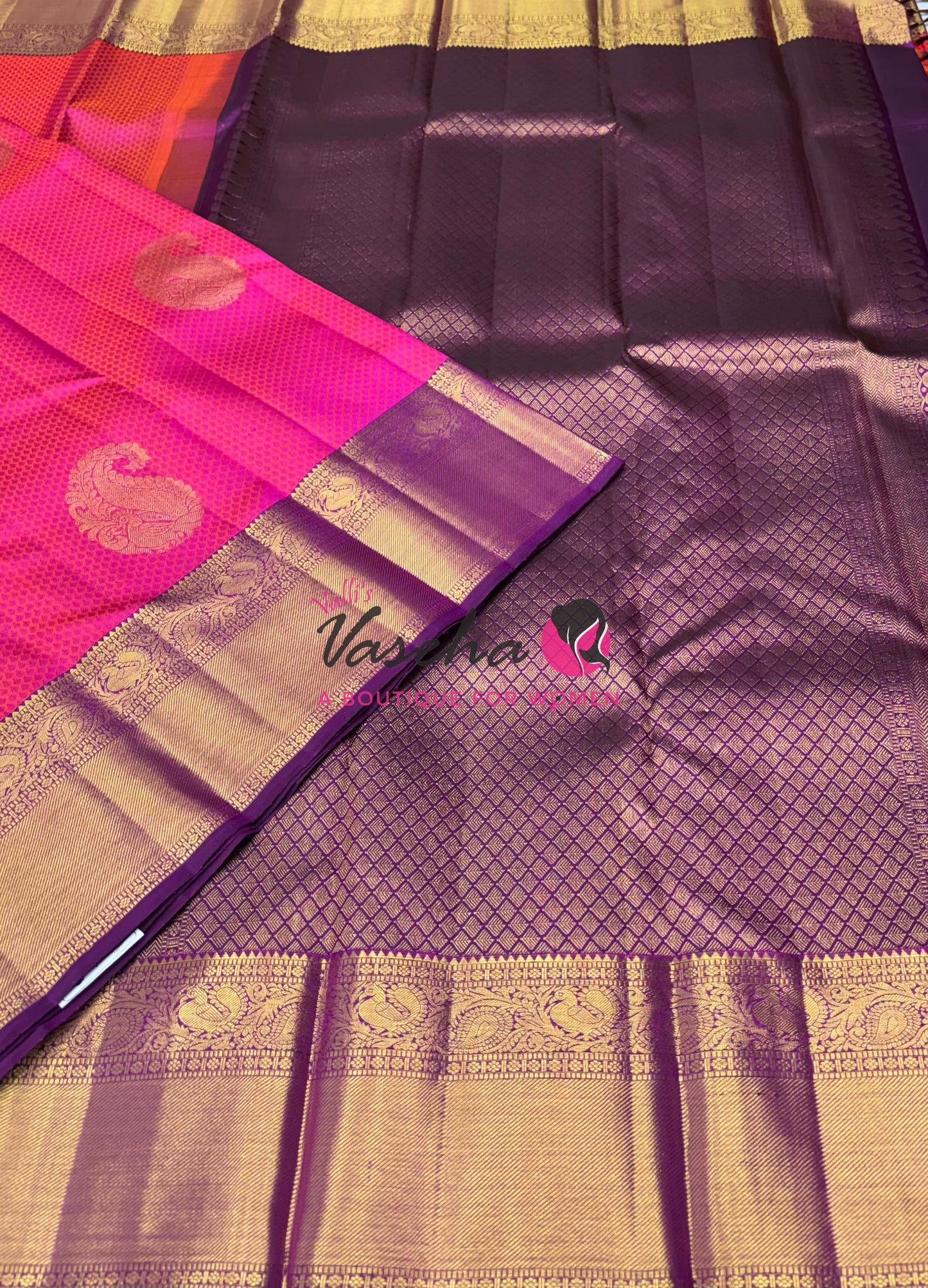 Pure Kanchipuram Bridal Silk Saree - Embossed Design - Pink With Purple Combo - VVPS023