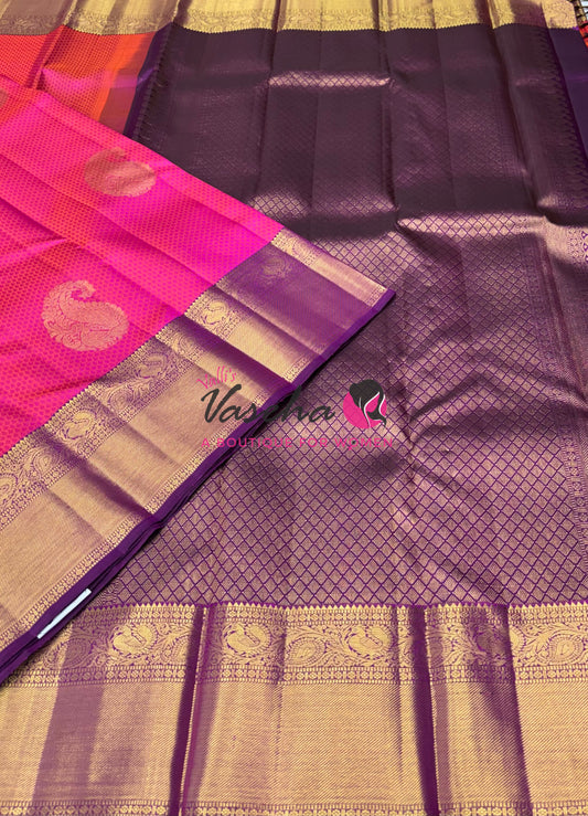 Pure Kanchipuram Bridal Silk Saree - Embossed Design - Pink With Purple Combo - VVPS023