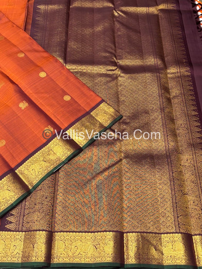 Pure Kanchipuram Silk Saree - Rust Orange & Wine Brown Combo - VVPS025