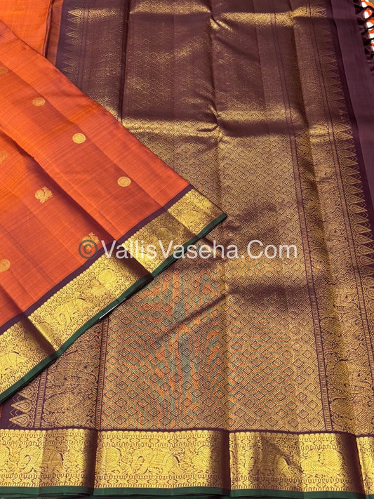 Pure Kanchipuram Silk Saree - Rust Orange & Wine Brown Combo - VVPS025
