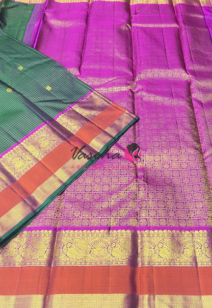 Pure Kanchipuram Silk Saree - Dual Tone Green With Purple Shade  - VVPS037