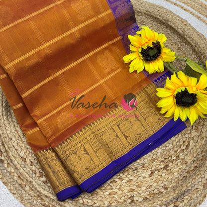 Pure Silk Cotton Saree - Mayil & Chakkaram Design - Shade of Mustard With Blue Shade -VVMC003