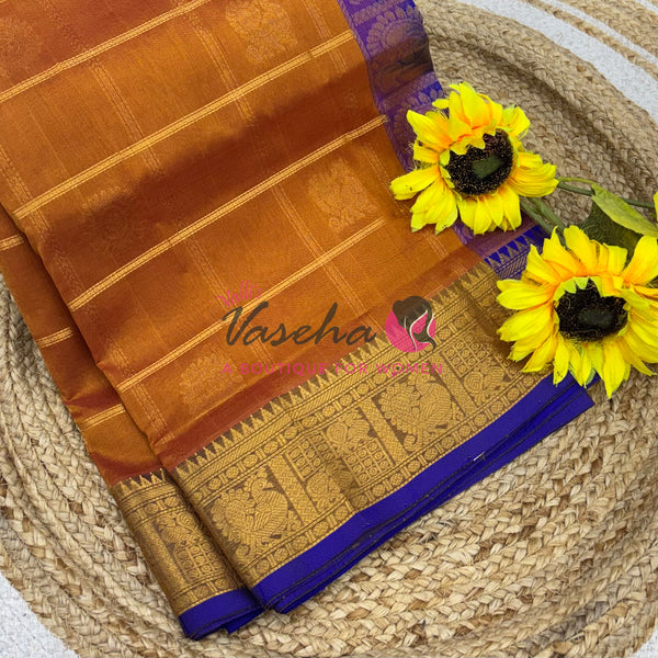 Pure Silk Cotton Saree - Mayil & Chakkaram Design - Shade of Mustard With Blue Shade -VVMC003