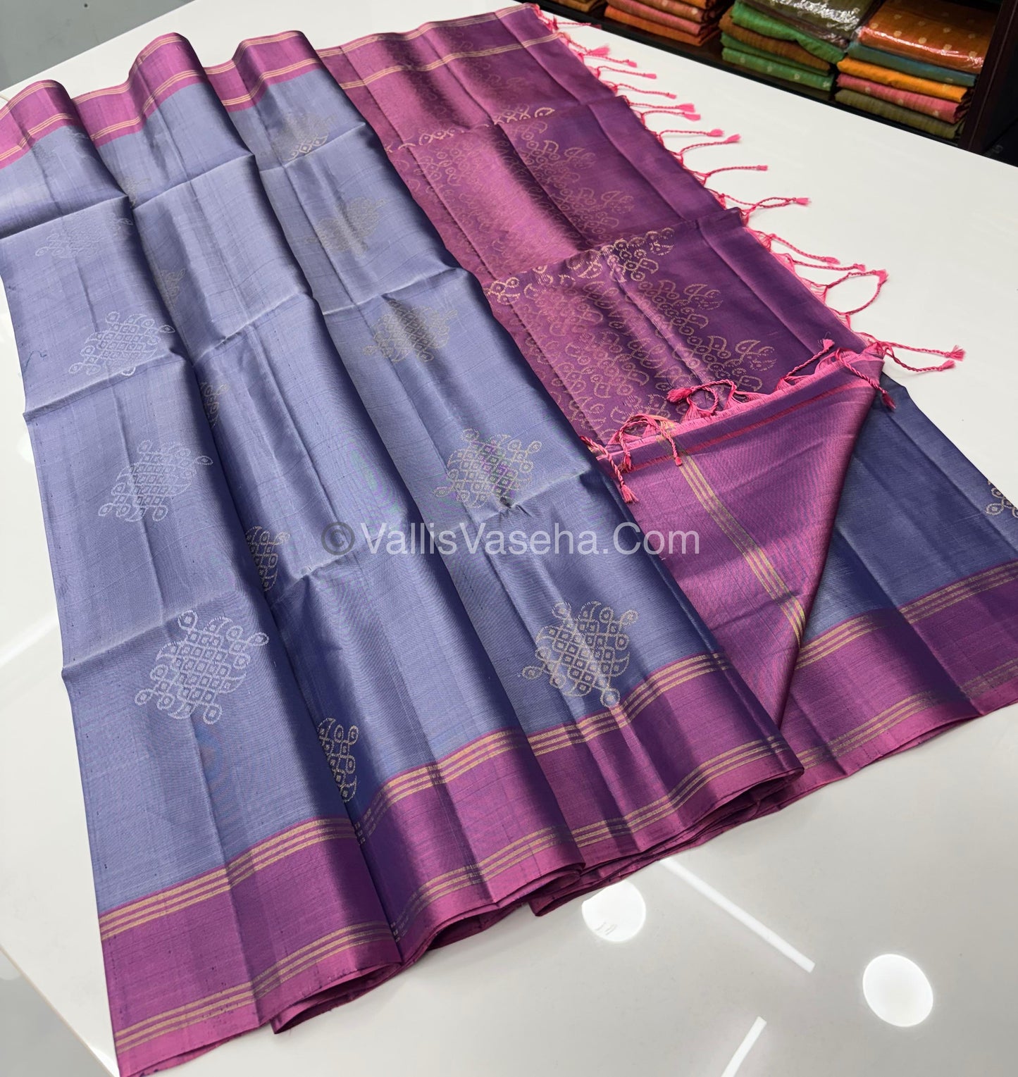 Pure Soft Silk Saree -(1.75 Warp)  Kolam Design - Shade Of Grey With Onion Pink - VVPSS074
