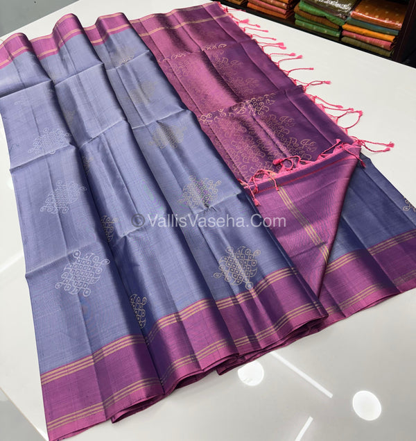 Pure Soft Silk Saree - Kolam Design Grey with onion pink - VVPSS074