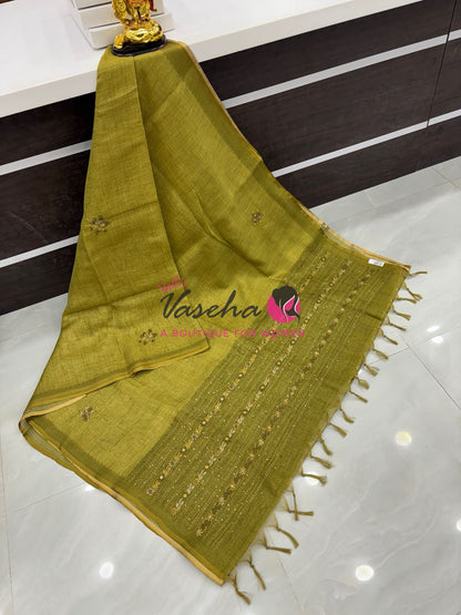 French Knot - Linen Tissue Saree - Green Shade - VVLFN015