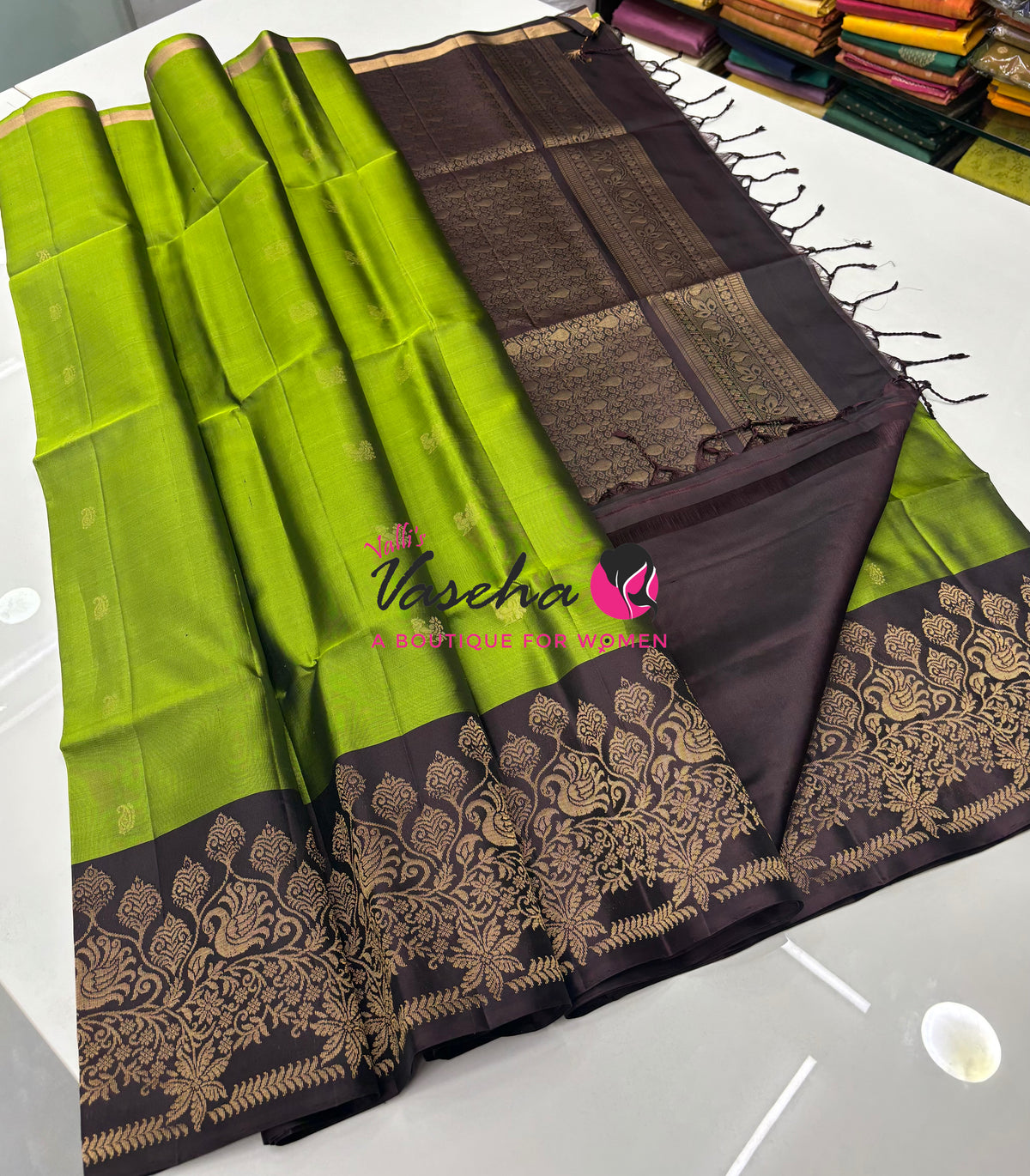 Pure Soft Silk Saree - Green & Brown - VVPSS119
