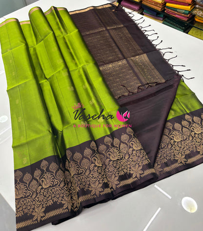 Pure Soft Silk Saree - Green & Brown - VVPSS119