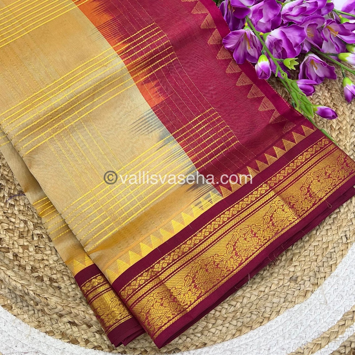 Pure Korvai Silk Cotton - Zari checks lines - Cream Gold & Merunish Pink Combo - VVKSC010