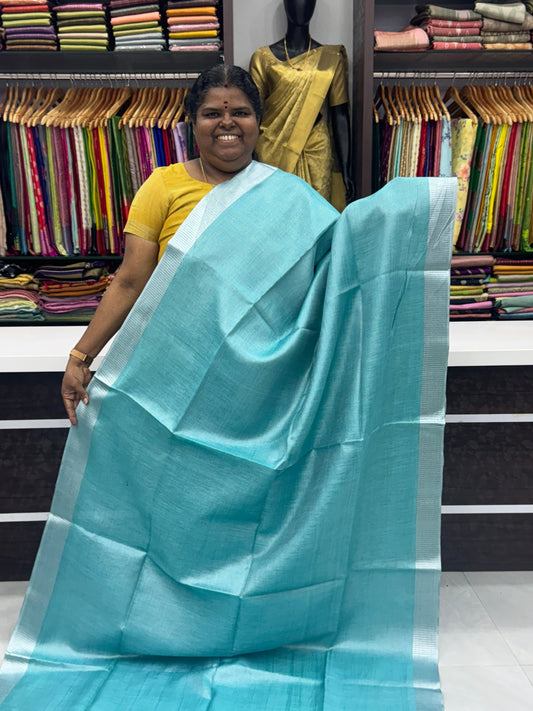 Tissue Linen Saree - Bluish Green - Double tone Shade - VVTLS001