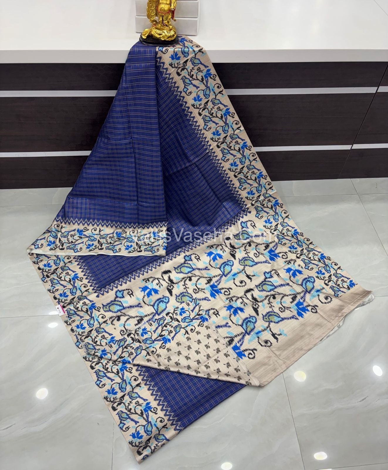 Semi Tussar Silk - Royal Blue With Cream Shade  - VVSTS039