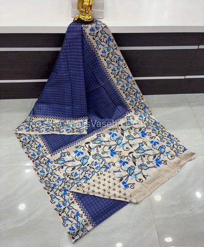 Semi Tussar Silk - Royal Blue With Cream Shade  - VVSTS039